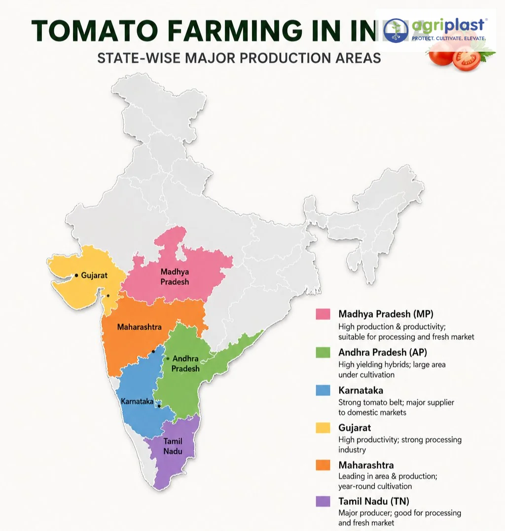 India state map showing major tomato-producing regions &mdash; Madhya Pradesh, Andhra Pradesh, Karnataka, Gujarat, Maharashtra, Tamil Nadu